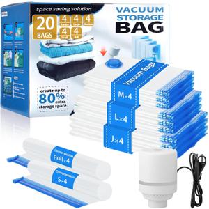 20 Pack Vacuum Storage Bags with Electric Pump, Compression Space Saver Vacuum Seal Bags 4 Jumbo/4 Large/4 Medium/4 Small/4 Roll Up Bags for Clothing Travel Comforters Blankets Pillows Bedding Duvets