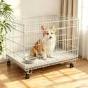 Foldable Pet Playpen Dog Crate 2 in 1 with Removable Tray 34.6 x 24 x 28 in Bold Metal Pet Kennel with Wheel Adjustable Base Height Heavy-Duty Portable Fence Cage for Indoor Outdoor Dog Animal (White)