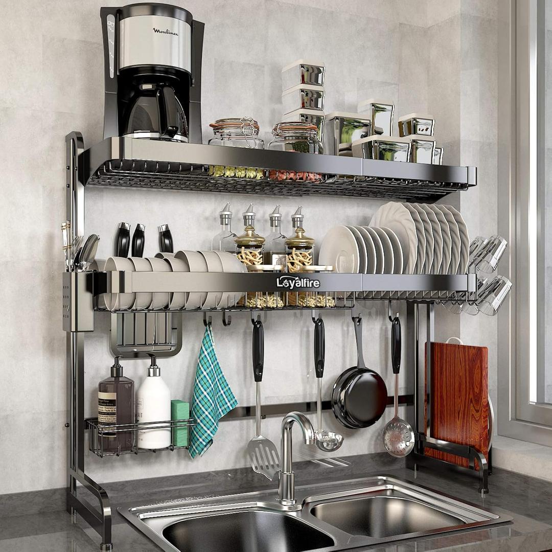 Over Sink Dish Drying Rack, 3 Tier Adjustable Length (20.87'' to 37.6'') Full Stainless Steel Large Storage Kitchen Dish Rack, Expandable Drainer Shelf Rack with Multifunctional Organizers (Black)