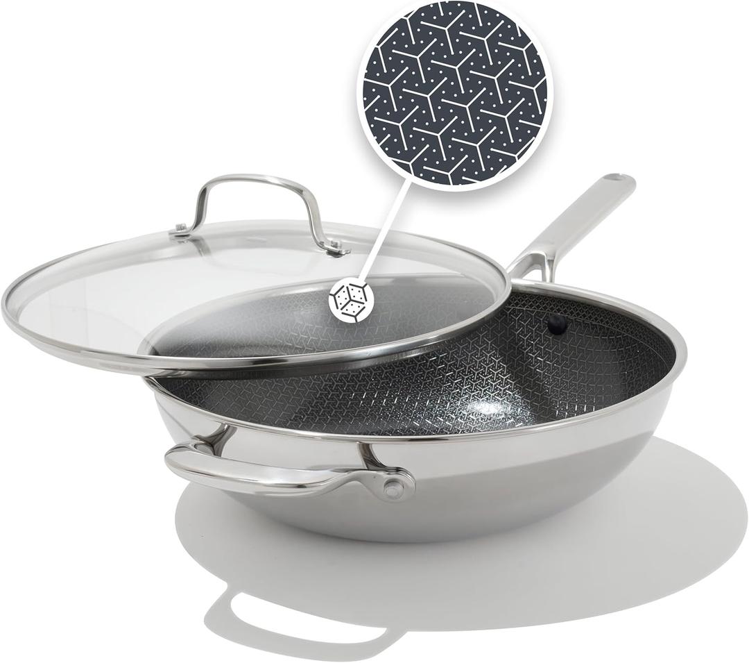 OXO Hybrid 12 Nonstick Wok with Glass Lid, PFAS-Free Ceramic Stir-Fry Pan, Induction & All Cooktop Compatible, Dishwasher Safe, Fusion Boost Tech for Powerful Searing, Mirror Polished Tri-Ply