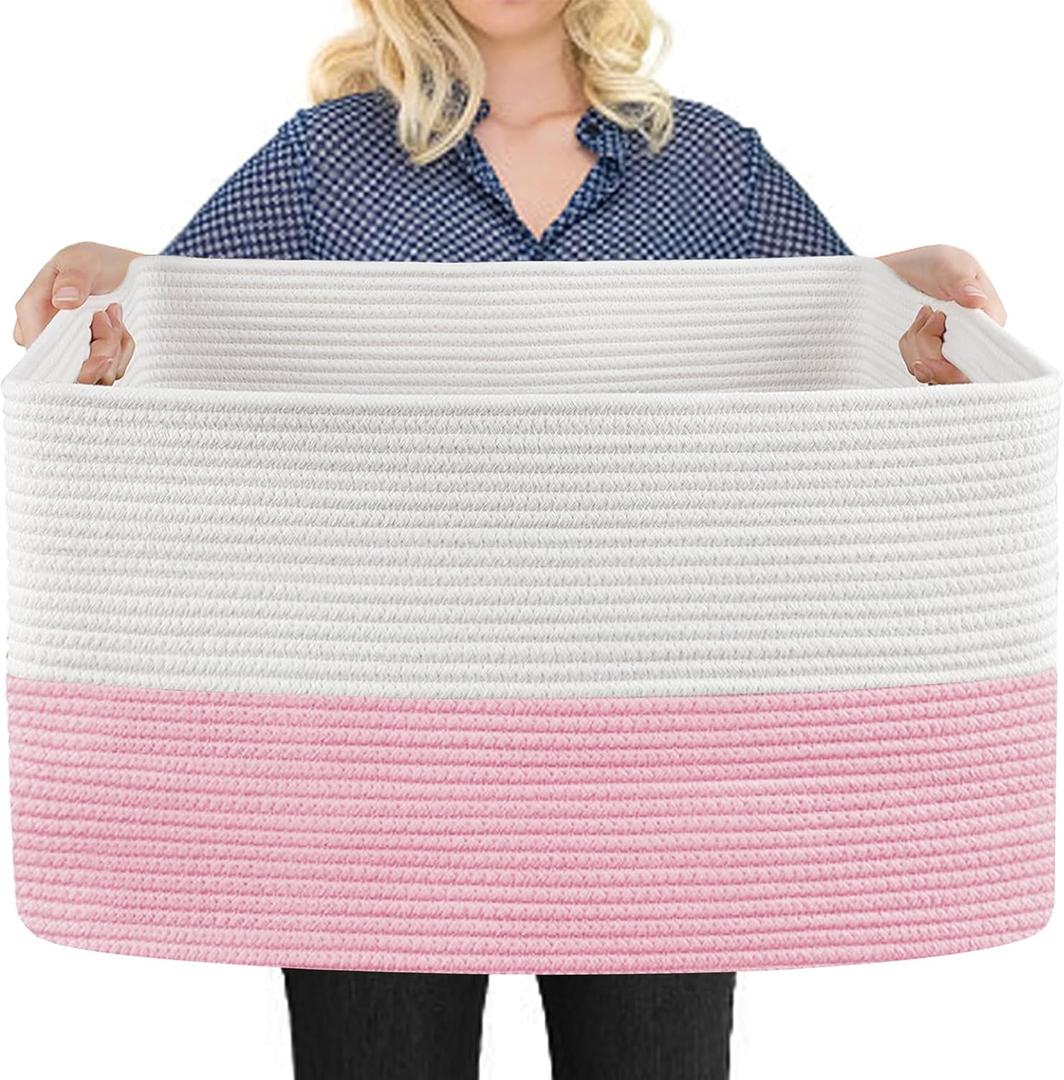 MEGASKET Large Pink Storage Basket, 22" x 17" x 12" Rectangle Cotton Rope Bin for Organizing, Woven Blanket storage for Living Room, Kids Toy Bin Box, Decorative Nursery Storage, Pink Room Decor