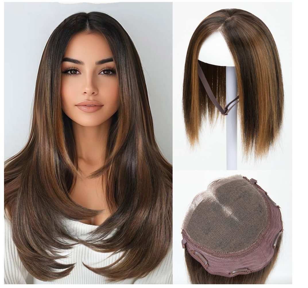 challeam Lace Front Hair Toppers with Band for Women 5.5x4 Precut Closed Lace Hairline Synthetic Straight Hair Wear and Go Glueless Toppers for Beginners Chestnut