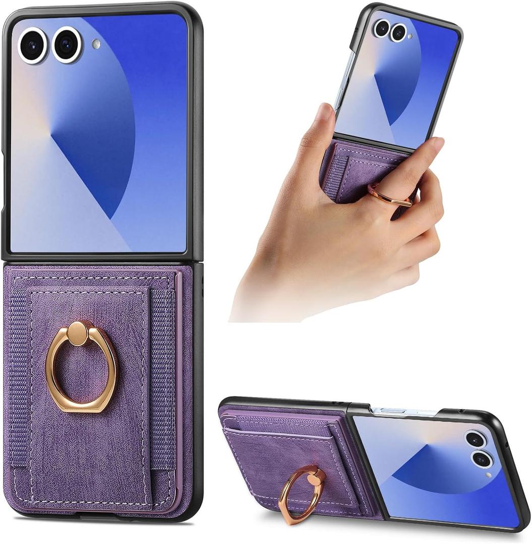 for Samsung Galaxy Z Flip 7 with Card Holder,Wallet Phone Case with Built-in Rotate Ring Stand PU Leather Protective Kickstand Case for Women Girls Samsung Galaxy Z Flip 7 Purple