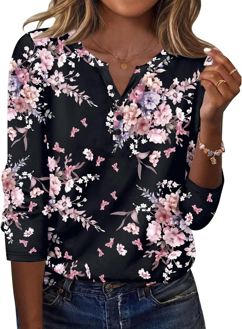 Zeagoo Long Sleeve Shirts for Women Casual V Neck Fall Tops Dressy Summer Work Blouses Clothes (Large, Floral Black)