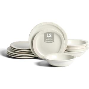 Stone Lain Oasis 12-Piece Dinnerware Set Stoneware, Dishwasher and Microwave Safe Plates and Bowls Set, Dish Set for 4, White
