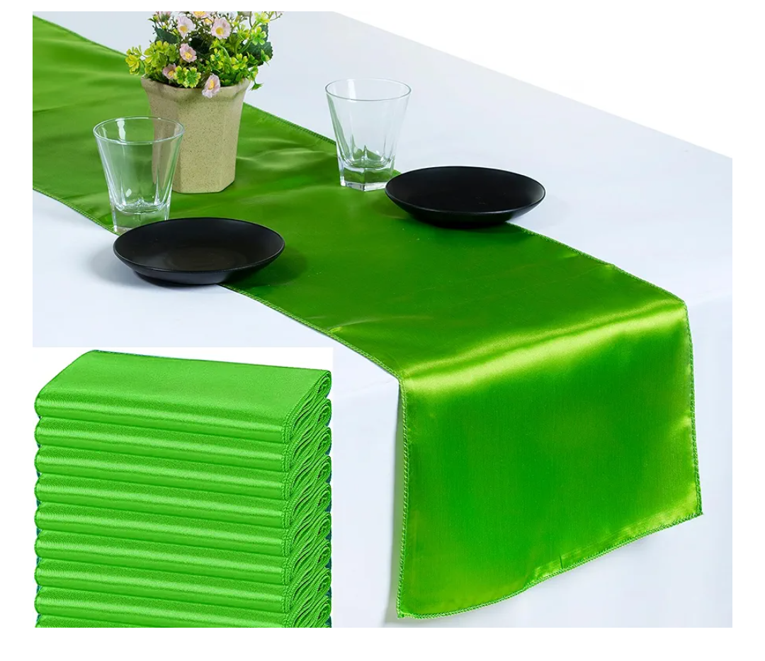 MDS 10 PCS Satin Table Runners 12 x 108 Inch Charmeuse Sateen Silk Table Runner for Indoor Outdoor Wedding Reception Birthday Graduation Party Event Banquet Dining Table Decoration - Parrot Green