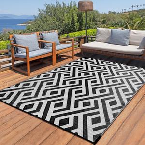 Terrug Outdoor Rug Waterproof 6x9 Ft, Foldable Outdoor Plastic Straw Rug, UV Reversible Patio Rug Decor, Outdoor Area Rug for Camping, RV, Porch, Deck, Backyard, Balcony, Picnic, Black & Light Grey