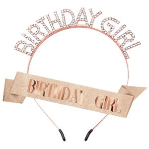 Birthday Crown Birthday Sash for Women, Birthday Girl Sash, Birthday Girl Crown, Glitter Rose Gold Birthday Sash and Crown Rhinestone Headband Set, Happy Birthday Girl Princess Tiara Sash Accessories