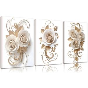 3Pcs Abstract White Gold Rose Canvas Wall Art Elegant Blossom Rose Floral Wall Decor Pictures Golden Leaves Posters Prints for Living Bedroom Bathroom Room Decoration Ready To Hang