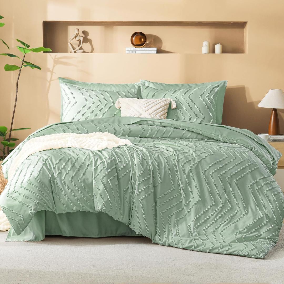 Litanika California King Comforter Set with Sheets Sage Green - 7 Pieces Bed in a Bag Cal King Boho Tufted Complete Bedding Sets with Comforter, Sheets, Pillowcases & Shams