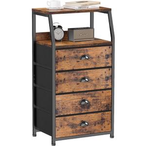 Furnulem Night Stand, Tall 4 Drawers Dresser for Bedroom, Hallway, Nursery, Closet Organizer, Nightstand Bedside Table Furniture, Vertical Storage Tower Fabric, Sturdy Steel Frame, Wood Top (Rustic Brown)