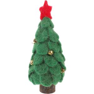 LOGOFUN Mini Christmas Tree Figurine Woolen Felt Xmas Tree Ornament with Bell Small Christmas Tree Statue for Festival Party Supplies - Green