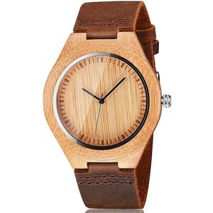 Mens Wooden Watches Brown Cowhide Leather Strap Casual Watch for Groomsmen Gift with Box