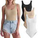 JoyMotion 3 Pack Women's Tank Tops Bodysuits Ribbed Cotton Sleeveless Slim Fit Scoop Neck Shirts Thong Yoga Summer Going out(White, Apricot, Black,X-Large)