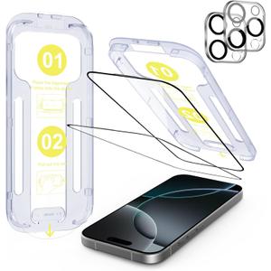 SODI Screen Protector for iPhone 16 Pro 6.3" with Camera Lens Protector[High Transparency][9H Tempered Glass][No Bubble][Auto-Alignment][Anti-scatch][Case Friendly][Full Coverage], 2+2 pack (Transparent)
