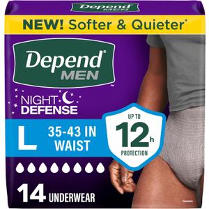 Depend Night Defense Adult Diapers, Incontinence Underwear for Men, Disposable, Overnight, Large, Grey, 14 Count
