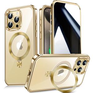 [CD Metal Ring Stand + Built-in Privacy Screen Protector] Magnetic Case for iPhone 15 Pro 6.1" [Soft Bumper Full Signal] [Compatible with MagSafe] 9H Glass Full Body Shockproof Clear Case, Gold