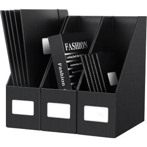 JiaWei Black Magazine File Holders, 3 Packs Sturdy Cardboard File Rack, Office Organization Desktop Storage File Box Binder for Shelves and Desk, Folder Holder for Office or Classroom