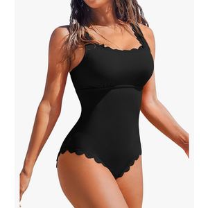 Charmo Womens Scalloped Ribbed One Piece Swimsuits Retro Square Neck Modest Bathing Suits, M, Black