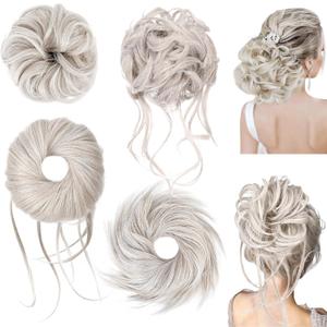HOOJIH Messy Bun Hair Pieces, 4 Pieces Messy Bun Straight Bun Hair Pieces for Women Wavy Tousled Updo Short Ponytail Hair Extensions Large Bun with Elastic Band - Platinum with Medium Blonde Mixed