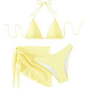 SHENHE Women's 3 Piece Textured High Cut Halter Triangle Bikini Swimsuit with Cover Up (Large, Yellow Plain)