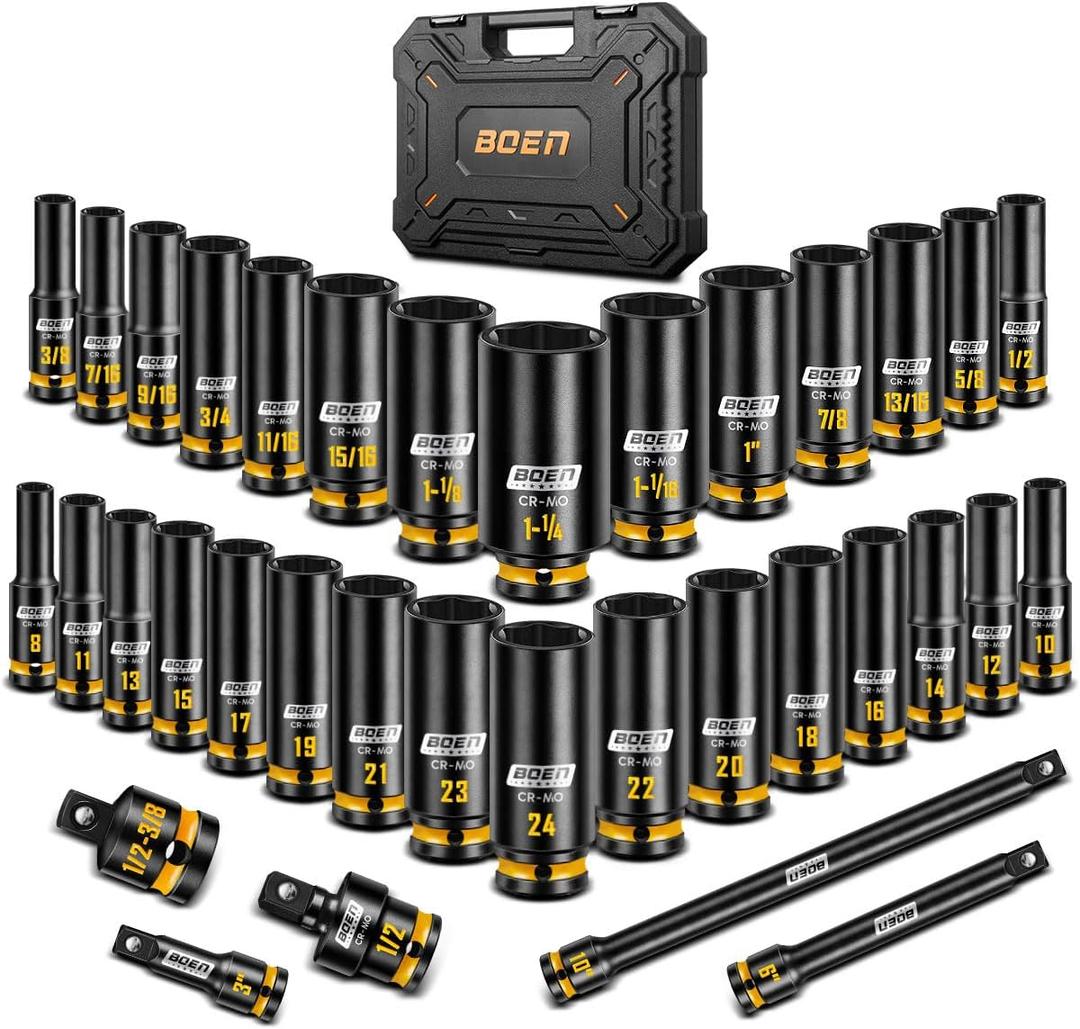 Boen 1/2'' Drive Impact Socket Set, 35PCS SAE (3/8 to 1-1/4 inch) and Metric (8mm-24mm), Deep Socket Set, 6-Point with Yellow Embossed Marking, CR-MO