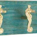 Coastal Wall Mounted Coat Rack with 3 Polished Brass Seahorse Hooks for Hanging, Distressed Hook Rail for Hat & Coats, Nautical Beach Themed Organizer for Entryway & Bathroom