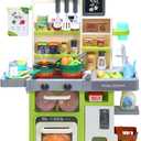 HOLYFUN Kids Kitchen Playset, Pretend Play Kitchen with Sounds and Lights, Cooking Stove Steam,Play Sink and Play Food,Toy Kitchen Set for Kids Toddlers, Green