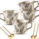 Coffee Mugs Set of 4 with Gold Spoon, 11 oz Porcelain Mug, Ceramic Tea Cups with Handle for Men Women, Hand-painted Mug, Birthday Housewarming Wedding Gift, Dishwasher Microwave Safe (Vines)