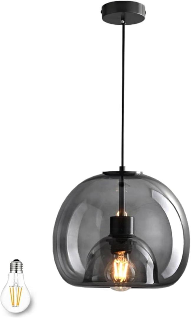 Large Smoke Glass Pendant Light for Kitchen Island, Includes Extra Bulbs & 4.26FT Adjustable Cord, Modern Pendant Lighting Fixtures for Kitchen, Dining Room, Living Room (1PCS, Smoky Grey Glass)