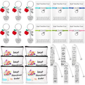 LEIFIDE 24 Pcs Teacher Appreciation Gifts Set, Thank You Gifts for Women Teachers, Teacher Cosmetic Bag with Blessing Card Bracelet Bookmarks Keychain for Appreciation Week Graduation