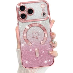 Bonoma Compatible with iPhone 17 Pro Max Case 2025 Support for MagSafe, Plating Heart Glitter Magnetic Case TPU Camera Protection Back Cover for Phone Case -Pink