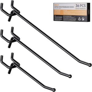 INCLY 36 Pack 4/6/8 Inch Black Pegboard Hooks, 1/4" Heavy Duty Peg Board Shelving Hooks Accessories, Peg Board Tool Hangers Fit 1/4" Pegboard for Organizing Garage, Craft Room, Kitchen, Store