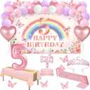 5th Birthday Decorations Girl, 47pcs Pink Flower Rainbow Banner, Tablecloth, Butterfly Decor, 5th Birthday Sash and Tiara, Cake Topper, Candles, Balloons Arch
