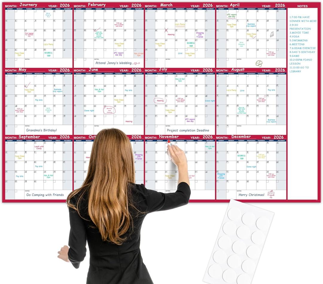 Large Dry Erase Calendar for Wall Yearly Wall Calendar Dry Erase, 58" x 37", 12-Month Undated Blank Calendar Planner, Reusable Laminated Wall Calendar, 15 Round Stickers, Perfect for Home, Office and School - Blue With Red