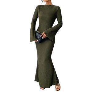 Narecte Fall Dresses for Women Maxi Dresses Solid Color Boho Formal Dress Flare Sleeve Bodycon Dress (Dark Green, M)