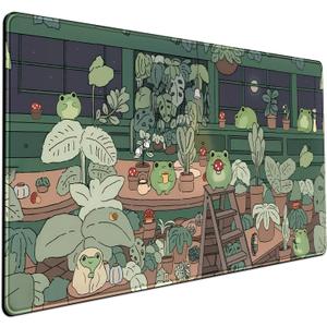Cute Frog Kawaii Green Desk Decor Mat, Large Gaming Mouse Pad for Computer Keyboard Laptop, Home Office Accessories for Girl (31.5x15.7 in)-with Stitched Edges Pad