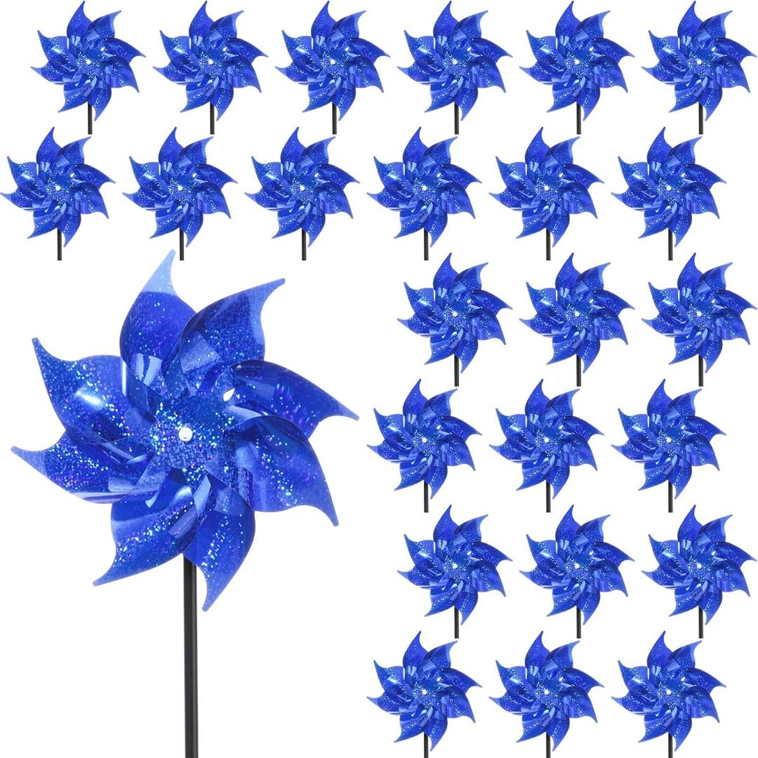 Qualirey 24 Pcs Reflective Pinwheels with Stakes Sparkly Pinwheels for Yard and Garden Windmill Wind Spinners Efficiency Reflective Material Deterrents Keep Birds Away Garden Yard Lawn(Blue)
