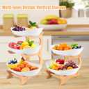 RETON 2 Tier Fruit Bowl for Kitchen Countertop, Plastic Fruit Basket Rack with Bamboo Wood Stand for Tiered Vegetable Storage Tray, Salad Cake Snack Dessert Party (White)