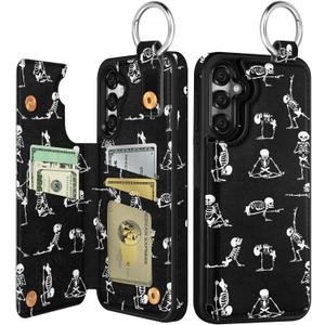 Shorogyt for Samsung Galaxy S24/for Samsung Galaxy S25 Wallet Case with Card Holder, Designer Skeleton Pattern Kickstand Magnetic Clasp Back Flip Folio Leather Phone Cases for S24/S25 for Women Girls (16-Black Yoga Skeleton)