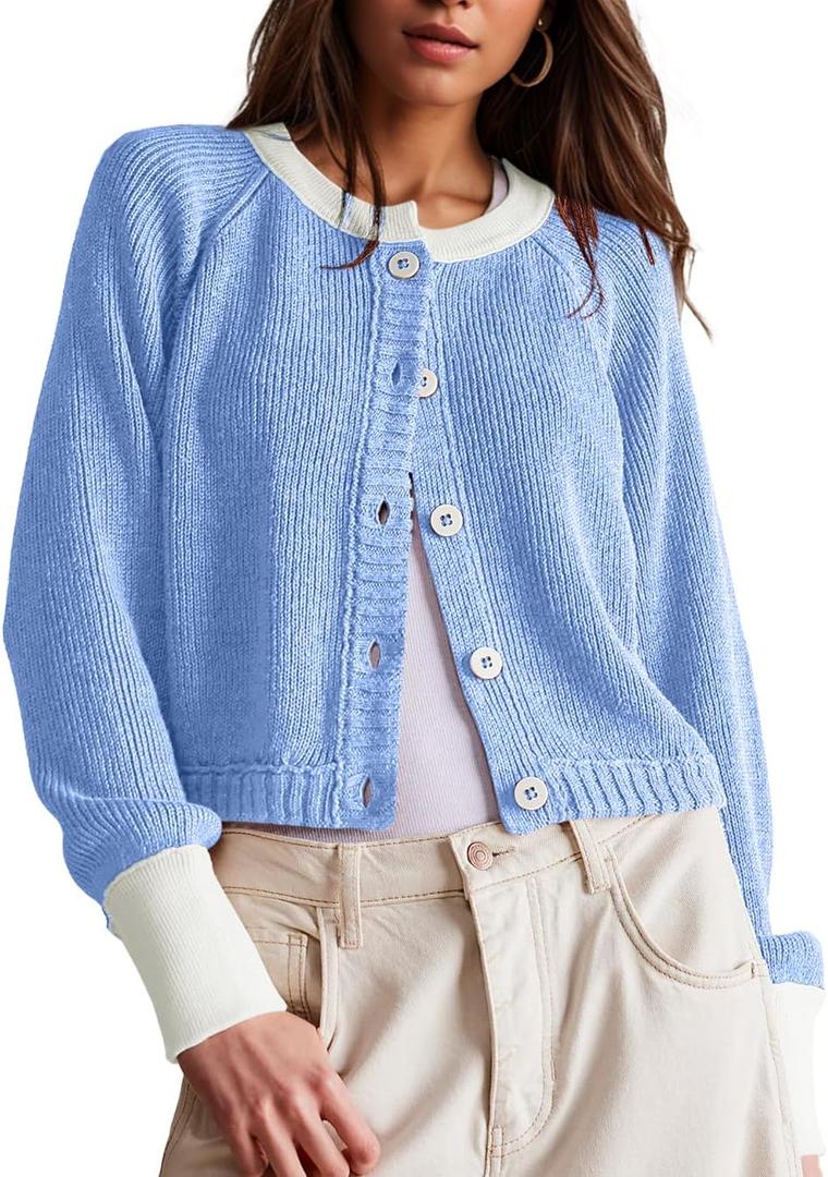 UNCLECAT Women's Cropped Cardigan Sweaters Fall Long Sleeve Open Front Cardigans Button Down Color Block Knit Outwear Coats (Blue, XXL)