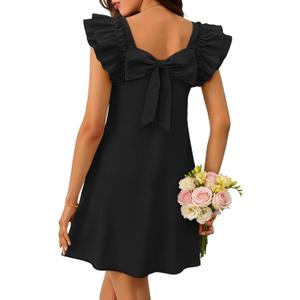 MEROKEETY Women's Spring Ruffle Sleeve Bow Mini Dress 2026 Summer Square Neck Casual Cute Shift Sundress Pockets (Black, Small)
