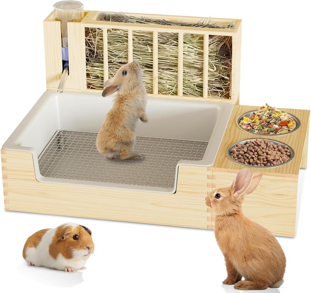 4-in-1 Waterproof Wooden Rabbit Litter Box with Hay Feeder, 2 Food Bowls, and Water Bottle | Large Capacity, Waste-Preventing Design for Rabbits, Guinea Pigs, Chinchillas, and Small Animals