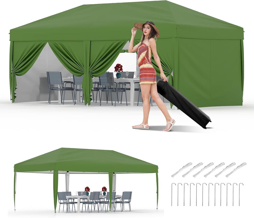 GarveeLife 10x20 Pop Up Canopy with 6 Sidewalls, Beach Ten with One Push Setup, Heavy Duty Outdoor Instant Canopy Tent with Portable Roller Bag, Silver Coated Top, 3 Adjustable Height, Sandbags,Green