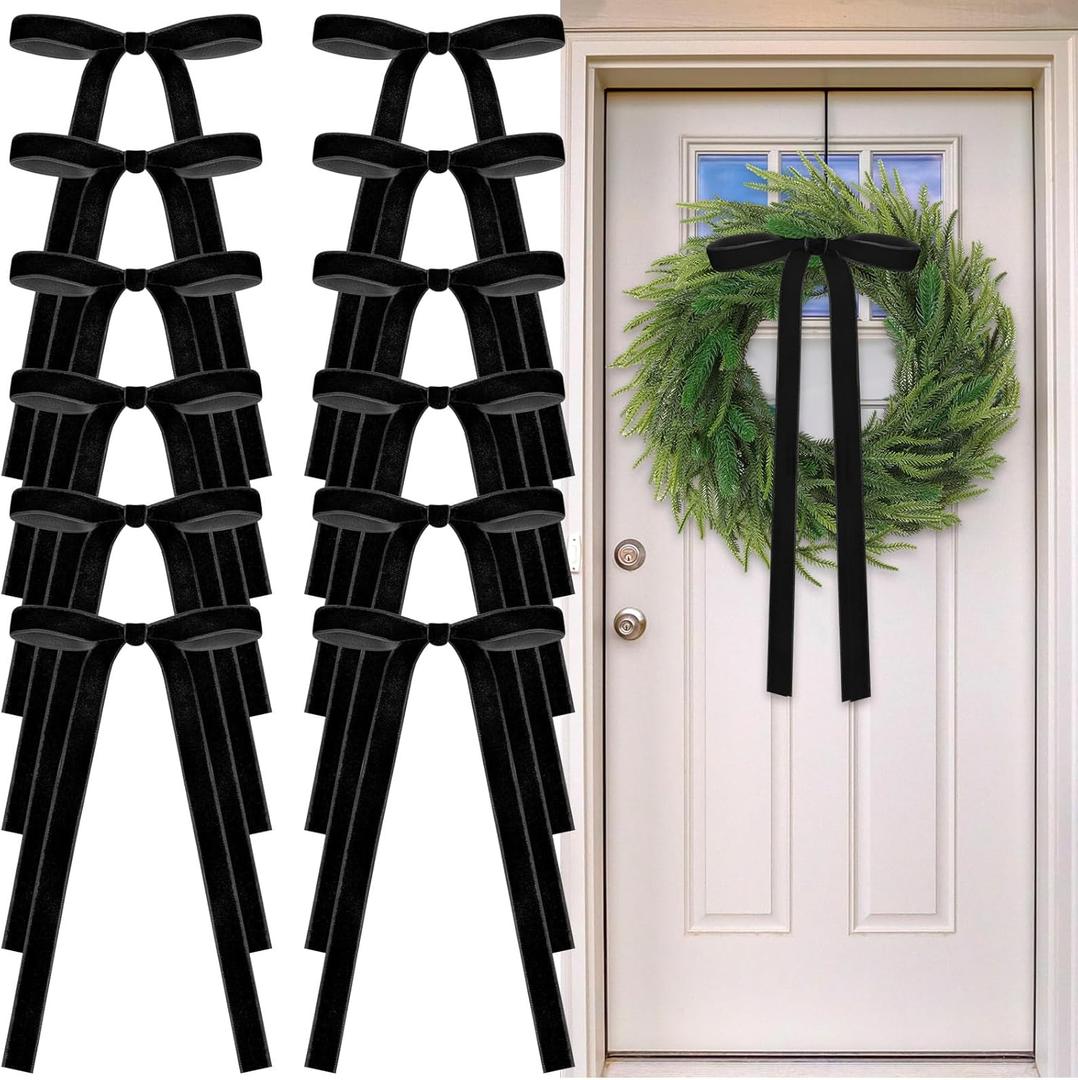 24 Pcs Black Velvet Bows Christmas Tree Ornaments Gothic Valentines Day Bows Decoration for Garland Home Coquette Wedding Decor (9 x 13 Inch, Width of 5/8")