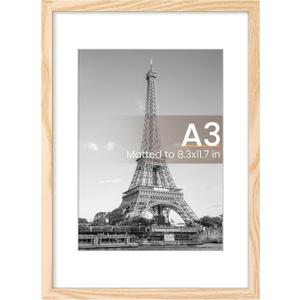 upsimples A3 Picture Frame, Display Pictures 8.3x11.7 with Mat or 11.7 x 16.5 Without, Wall Hanging Poster Frames, Natural, 1 Pack