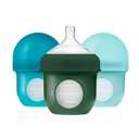 Boon Nursh Reusable Silicone Pouch Baby Bottles - Slow Flow Nipple - Silicone Baby Bottle Pouch and Nipple - Baby Feeding Essentials - Blue - 0-3 Months - 3 Count - 4 Ounce