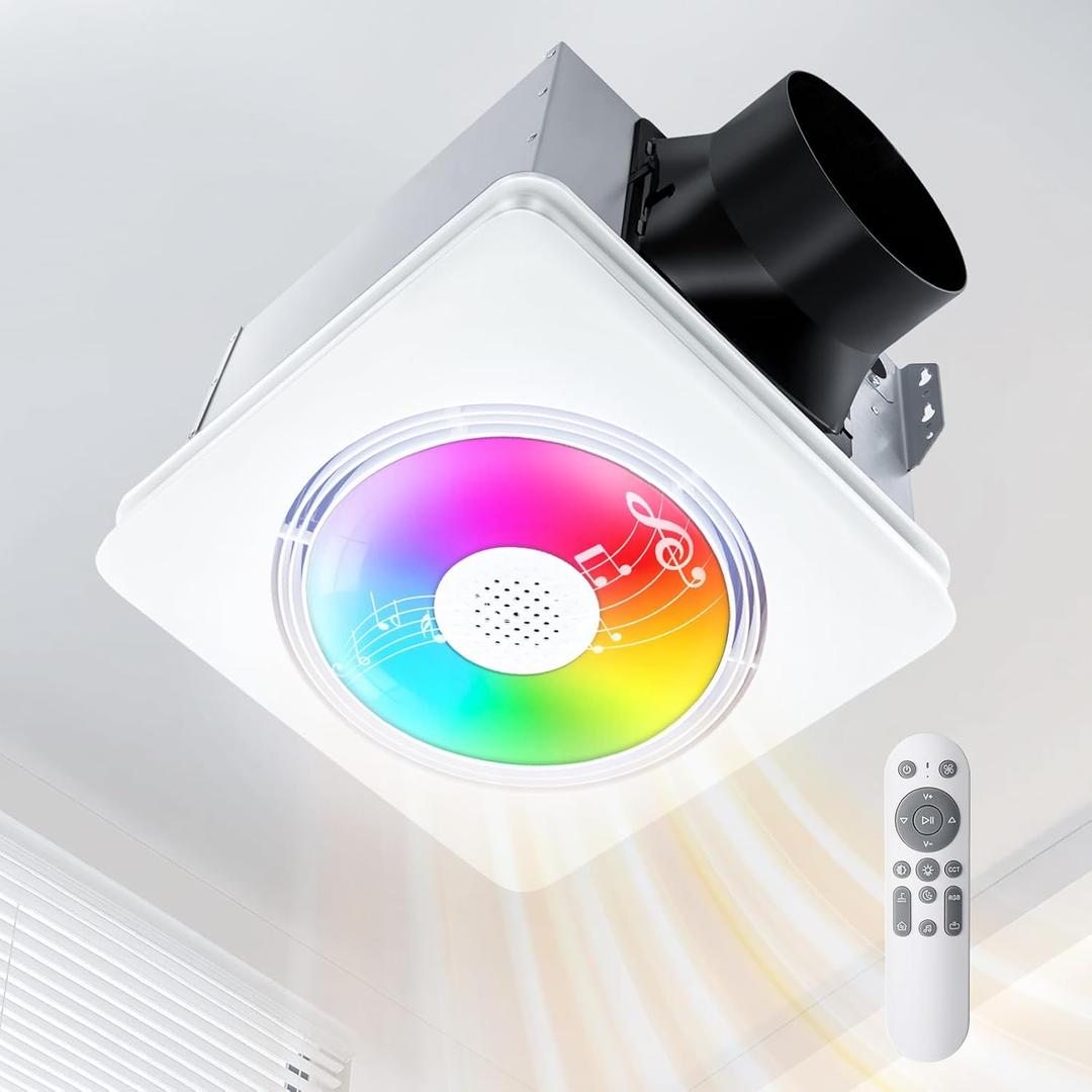 GROWNEER Bathroom Fan with Bluetooth Speaker, 110/160 CFM 1.0 Sone Bathroom Exhaust Fan with Heater, Powerful Oversize Exhaust Fan with Light & Remote, 9 RGB Modes, 1500lm 3-CCT & Nightlight