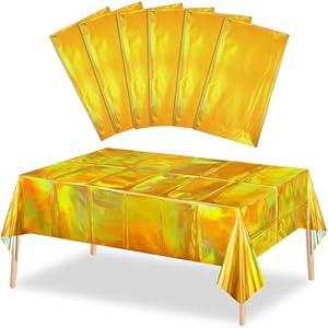 MADLYN RHUE 6 Pack Gold Tablecloth, Iridescence Plastic Table Covers Disposable, 54"x108" Holographic Table Cloths for Birthday, Wedding, Dinners, Picnics, Party Decorations