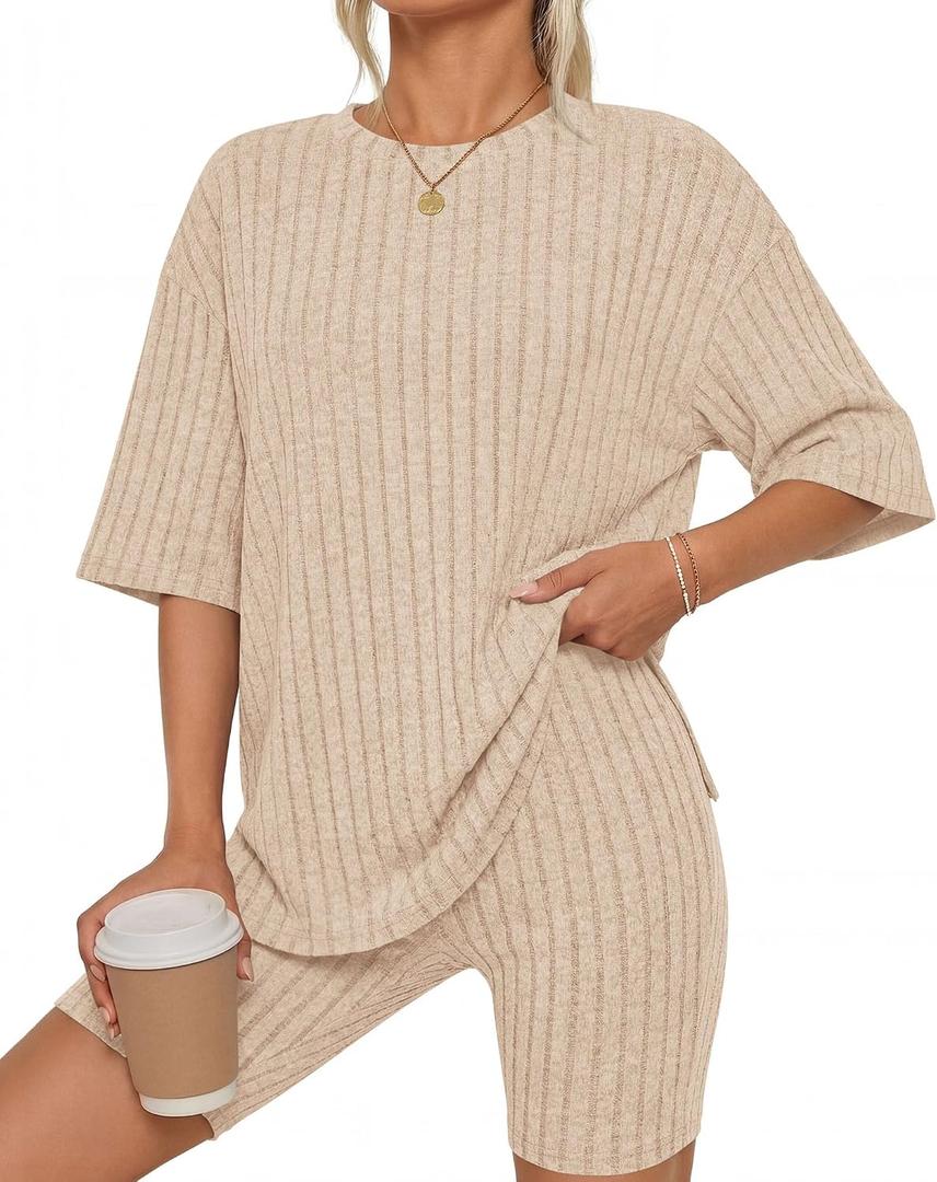 KIRUNDO Short Sets For Women Summer 2 Piece Matching Lounge Sets Casual Rib Knit Tshirts Biker Shorts Beach Vacation Outfits Medium